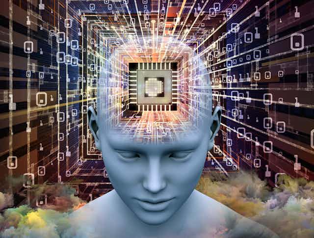 Image 3D illustration of Human head with CPU in perspective on the subject of artificial intelligence, mind, mass media and modern technology