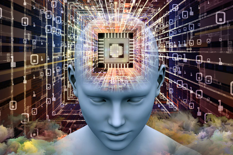 Image 3D illustration of Human head with CPU in perspective on the subject of artificial intelligence, mind, mass media and modern technology