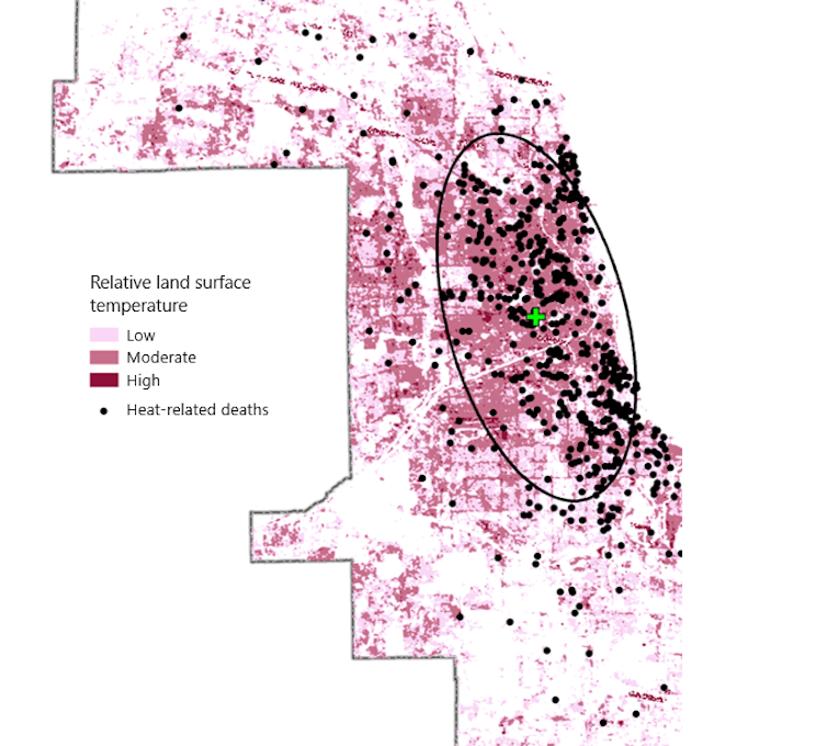 Map of Chicago showing how heat deaths clustered in the urban core during the 1995 heat wave.