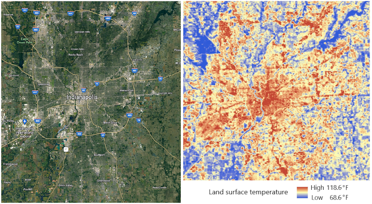 Two maps of the same area of Indianapolis, one showing the satellite view of pavement, buildings and greenery and the other showing the surface temperature differences, which range from 68.6 over water to 118.6
