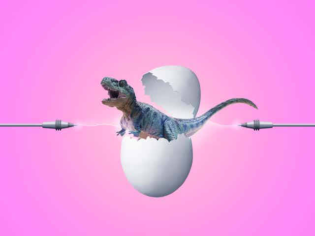Illustration of T. Rex hatching from egg with two silver laser beams on either end