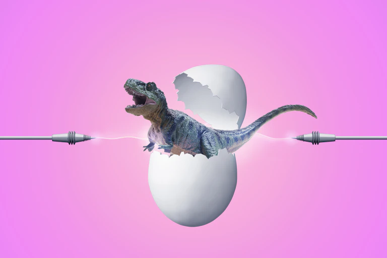 Illustration of T. Rex hatching from egg with two silver laser beams on either end