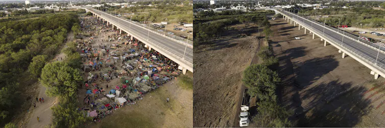 A combination photo shows a bridge with many migrants under it and then the bridge after it was cleared of migrants.