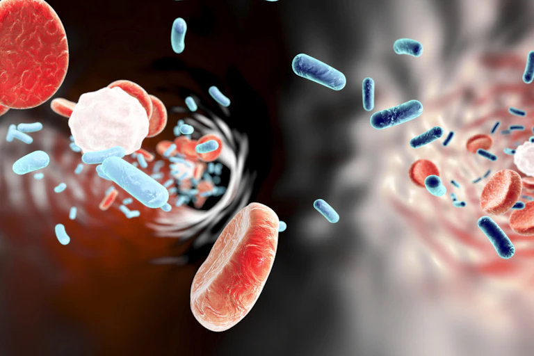 Panoramic ilustration inside a blood vessel, showing rod-shaped bacteria, red blood cells and immune cells called leukocytes.