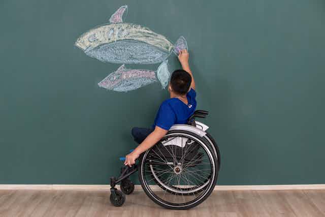A child in a wheelchair draws on a blackboard.