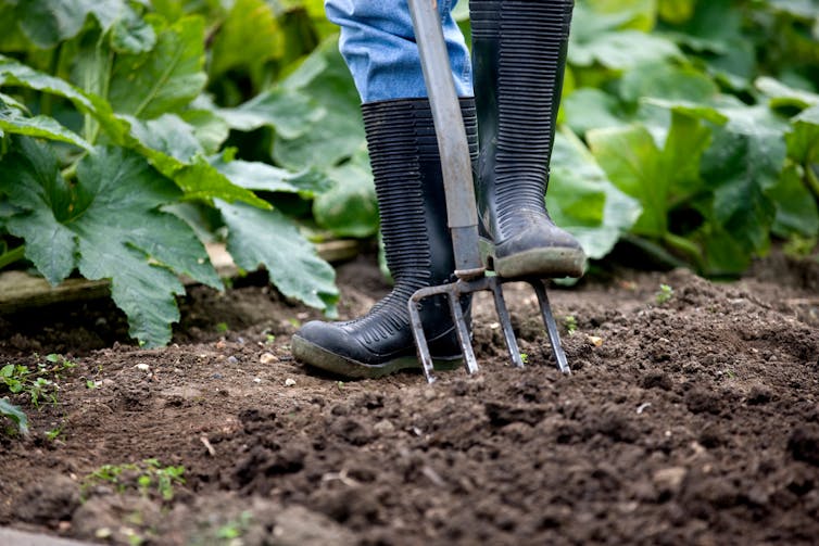 person in gumboots stands on hoe