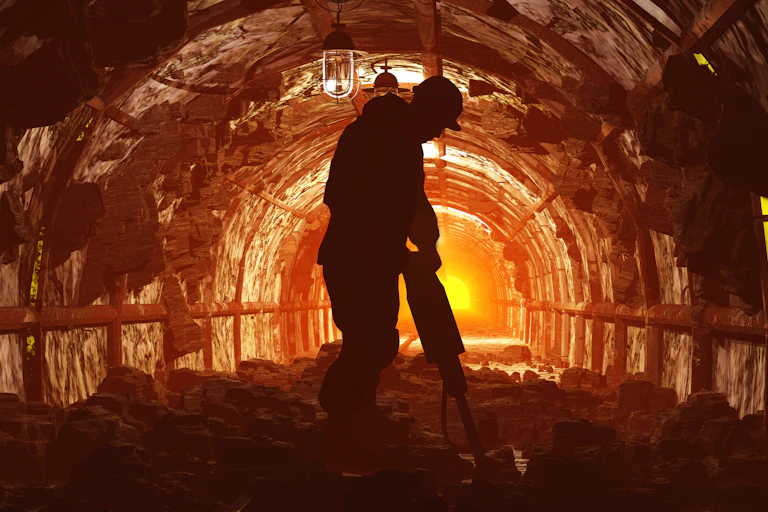 A silhouette of a person using a drill in a mining tunnel lit in yellow