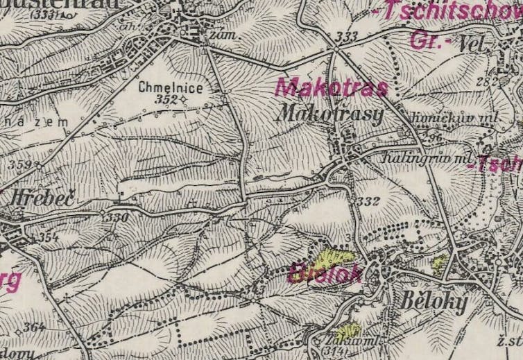 Old printed map with Czech place names.