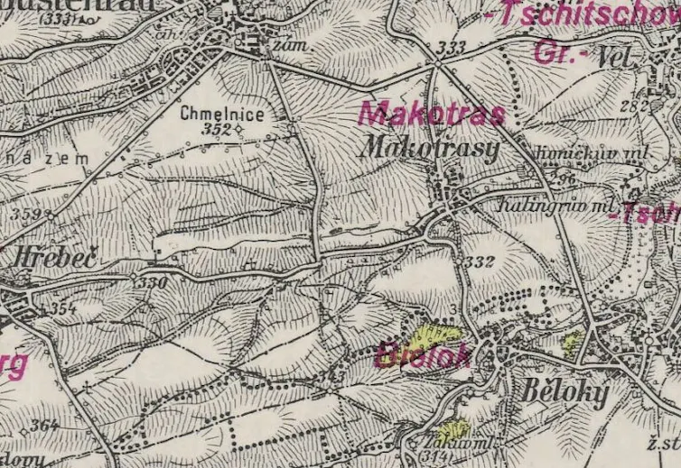 Old printed map with Czech place names.