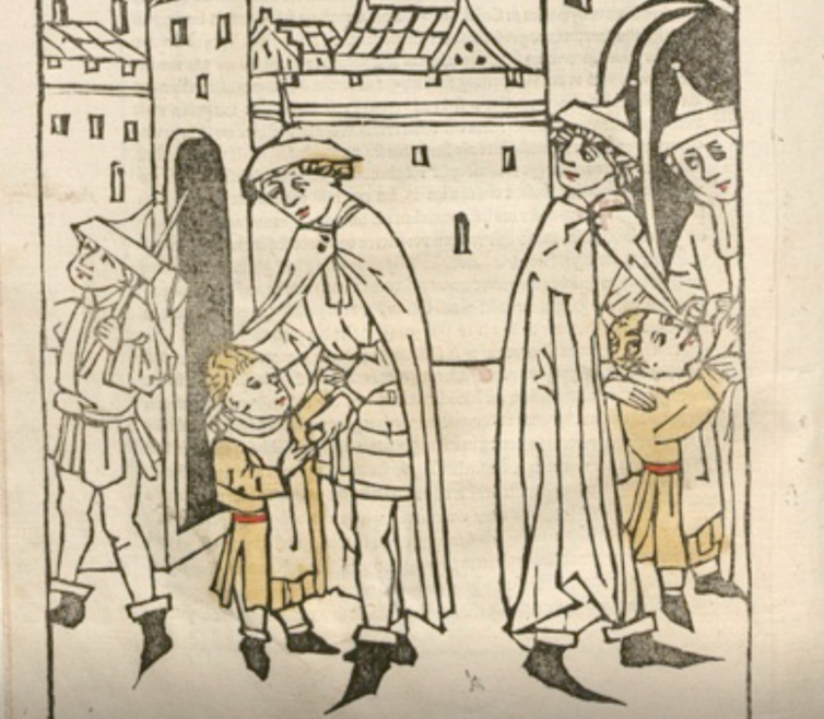 Tobias capturant Simon, Albrecht Kunne, dans L’histoire de l’enfant chrétien assassiné à Trente, 1475. Munich, Bayerische Staatsbibliothek.