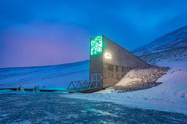 Banco Mundial de Semillas de Svalbard fotografiado por la noche.