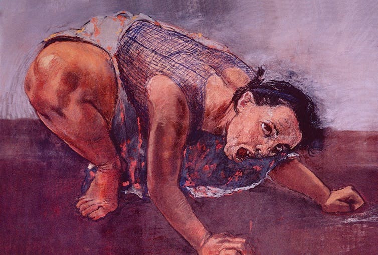 A painting of a woman acting like a dog by Paula Rego.
