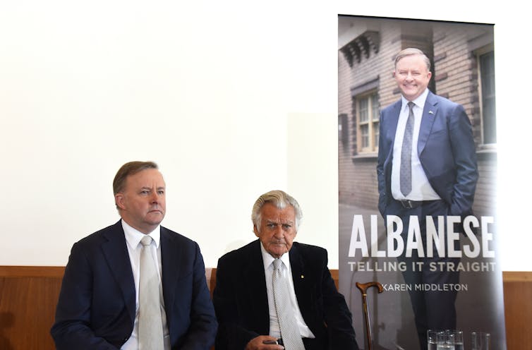 Anthony Albanese with Bob Hawke Albanese in September 2016 at the launch of Albanese's biography.