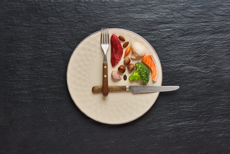 A dinner plate with the knife and fork crossed like hands on a clock. Meat and vegetables are only placed in one quarter of the plate, between the fork and knife.