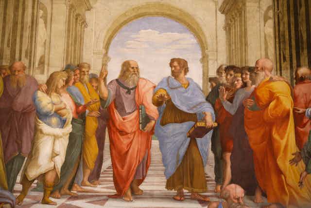A painting of a dozen or so people with two men in the centre, all wearing ancient Grecian clothes.