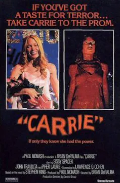 Movie poster showing one young girl in a prom dress smiling and dressed up and another of her screaming covered in blood.