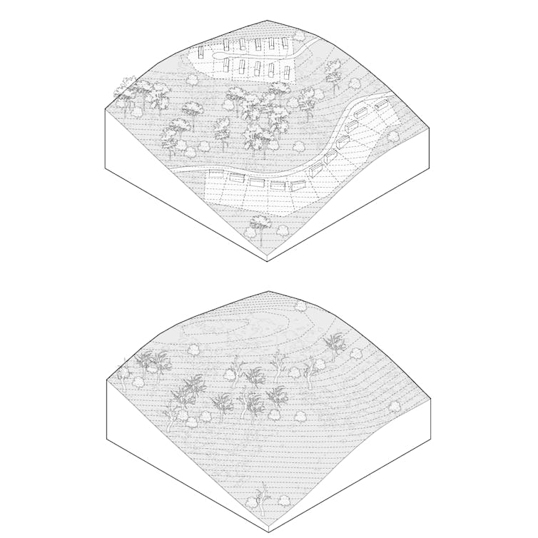 Two illustrations, one of a new housing estate, the other of a few dwellings.