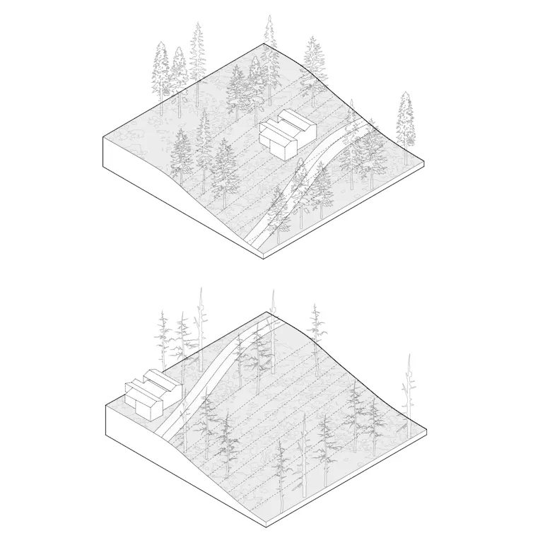Illustration of a home set back from a road on a steep hillside