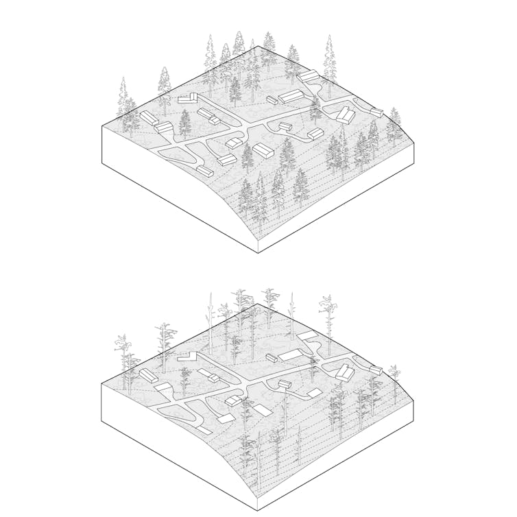 Two illustrations, one showing many houses.  The other only a few, with obvious old habitation sites.