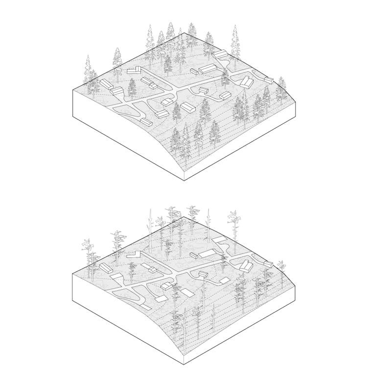 Two illustrations, one showing lots of homes. The other only a few, with old home sites evident.