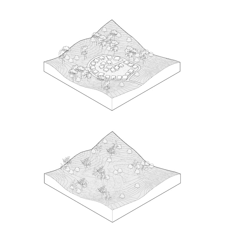 Two illustrations, the first with many houses in a community.  The other with nothing.