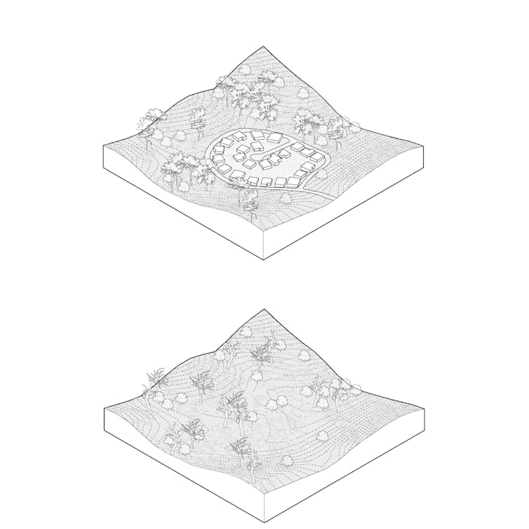 Two illustrations, the first with many houses in a community. The other with none.