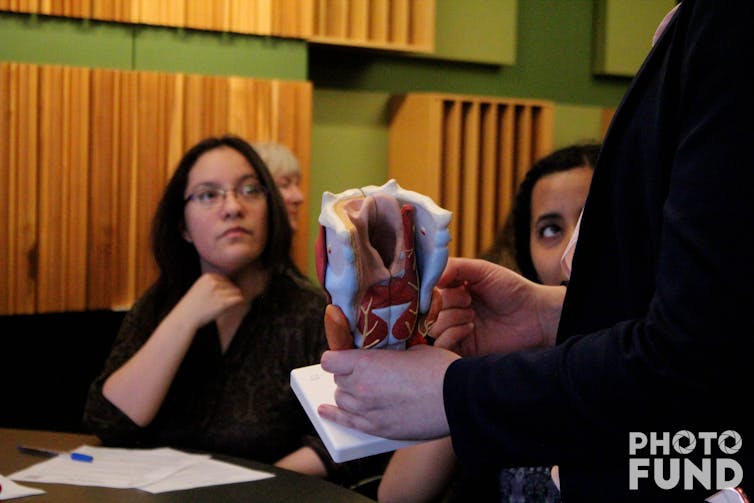 A person out of frame holds a model of the larynx and vocal cords, in front of two people seated at a table