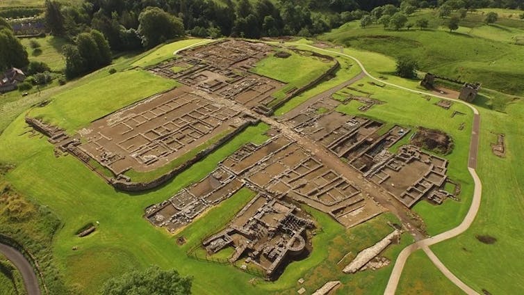Aerial view of the remains of a Roman fort.