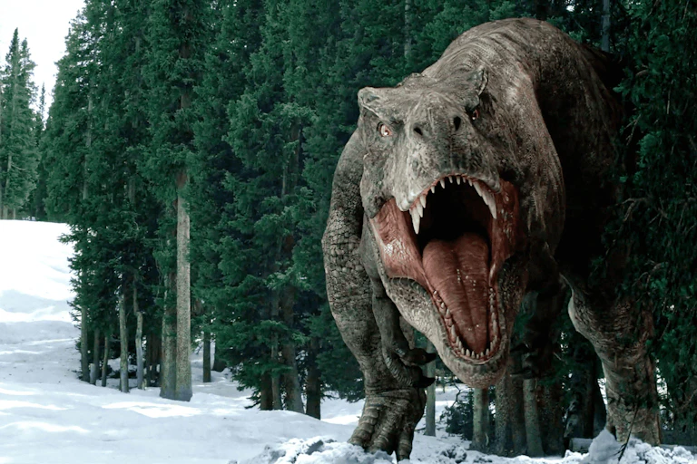 T-Rex emerges from a snowy forest roaring