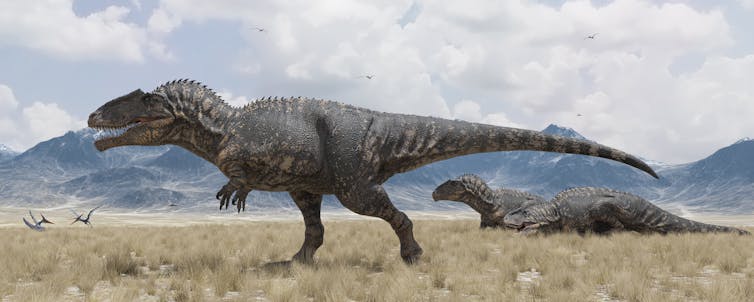The gigantosaurus roams a grassy landscape