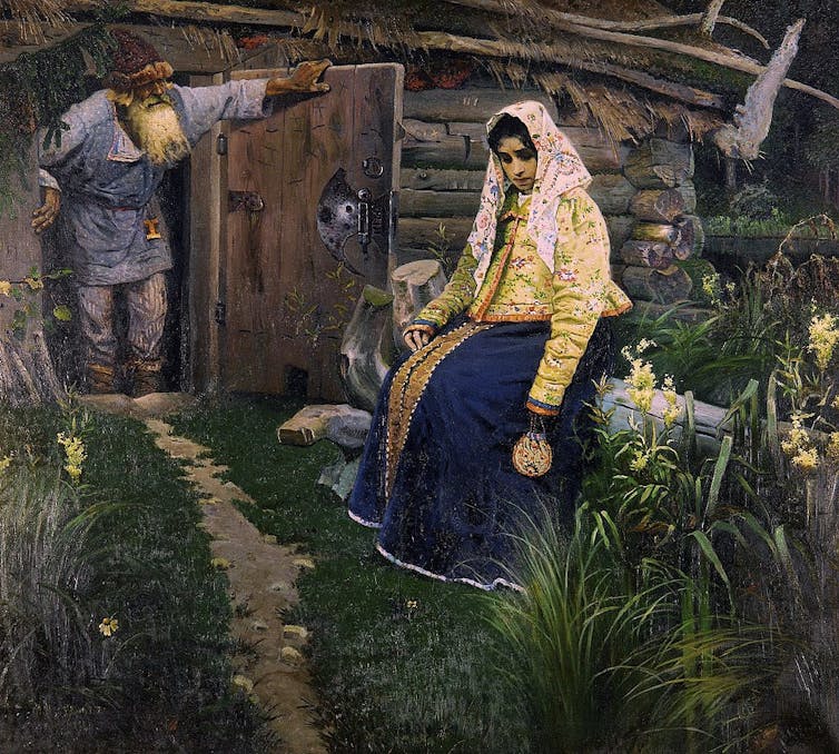In a painting, a sad-looking woman in a yellow shirt and blue skirt sits outside as an old man opens the door to exit a home.