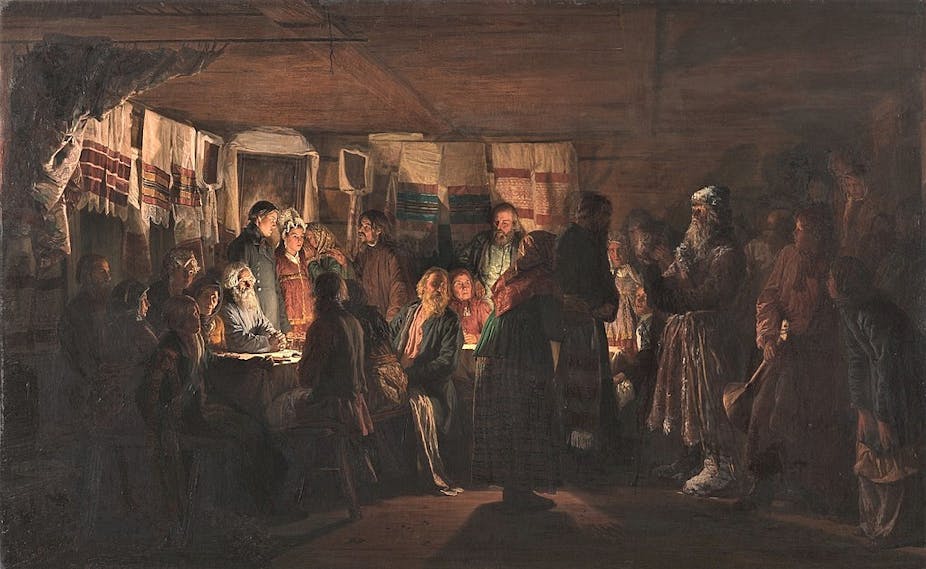 A dark painting shows a crowd inside a building during a wedding.