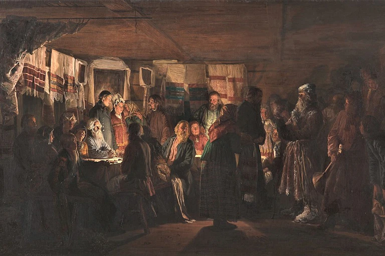 A dark painting shows a crowd inside a building during a wedding.