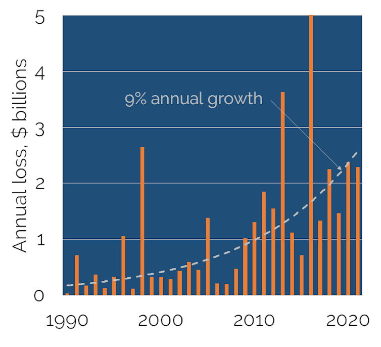 Graphic showing the rate of increase of disaster losses compared to population growth.
