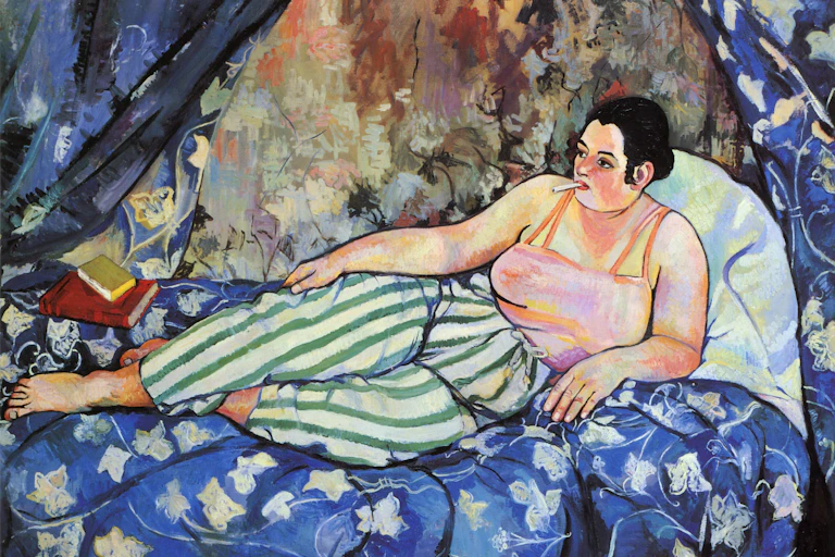 Painting of a woman reclining on a bed with books.