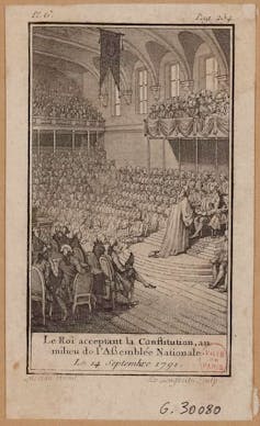 Estampe du XVIII illustrant le roi de France acceptant la Constitution française