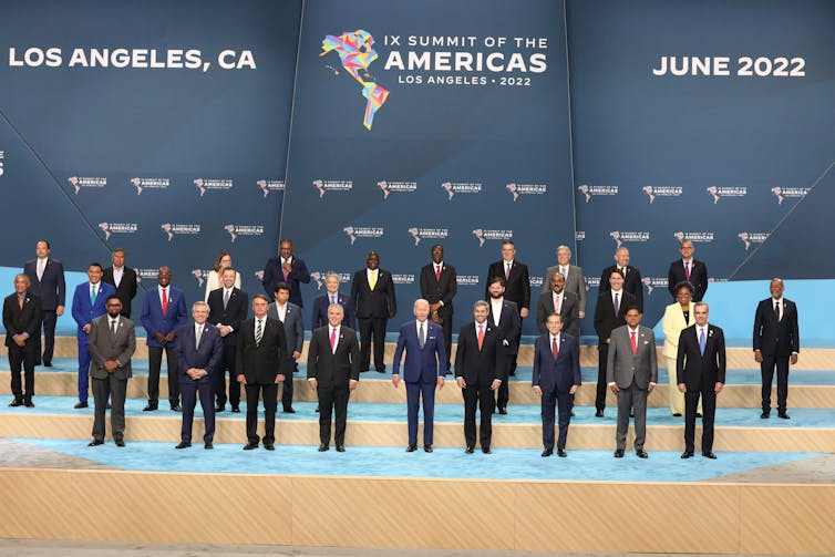 US President Joe Biden (C front), and other world leaders of the Americas, took part in a'Family Photo' at the IX Summit of the Americas in Los Angeles, California, USA, 10 June 2022.