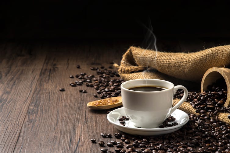 Cup of coffee on a table.