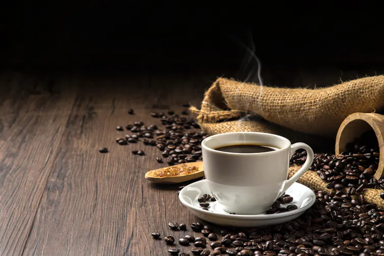 Cup of coffee on a table.