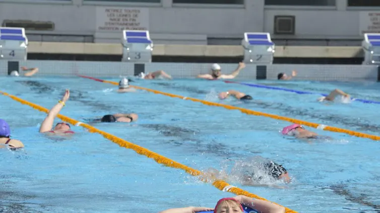 Nageurs en file dans une piscine de Caen