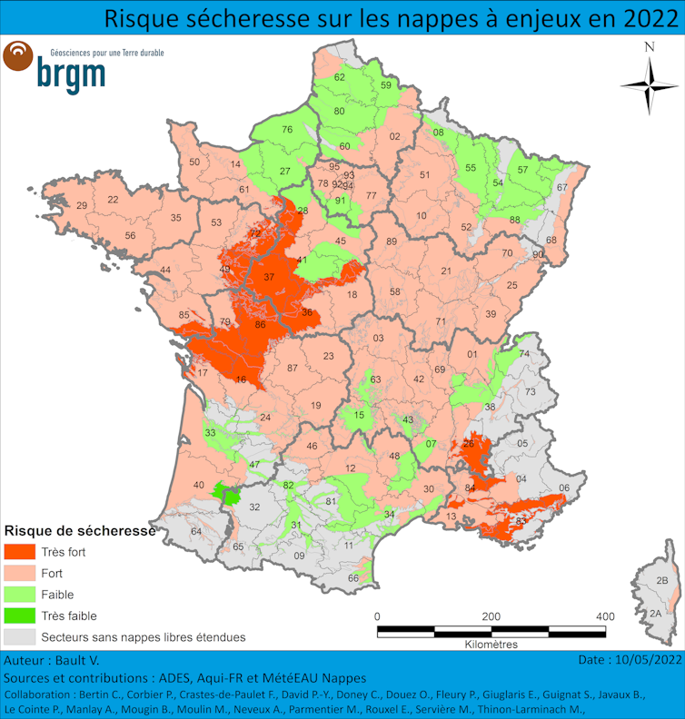 Carte de France métropolitaine montrant les risques de sécheresse pour l’été 2022