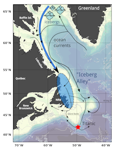 A map of the North Atlantic Ocean showing the flow of icebergs from Greenland to the coast of Newfoundland.