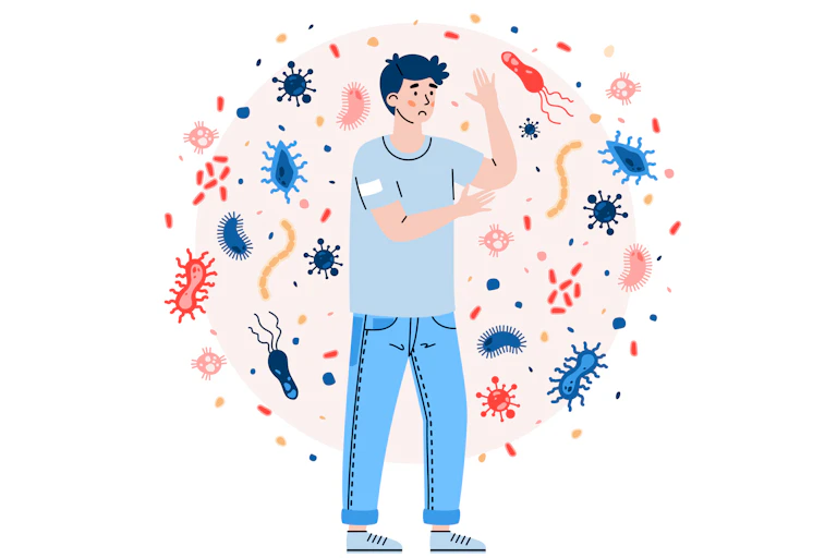 Illustration of person surrounded by various pathogens