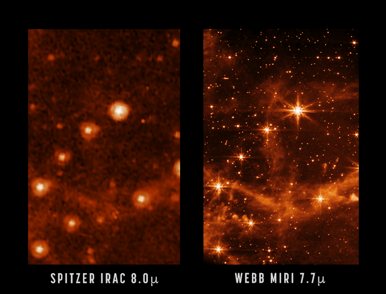Two images showing a tangled web of stars and dust but the one on the right is much sharper.