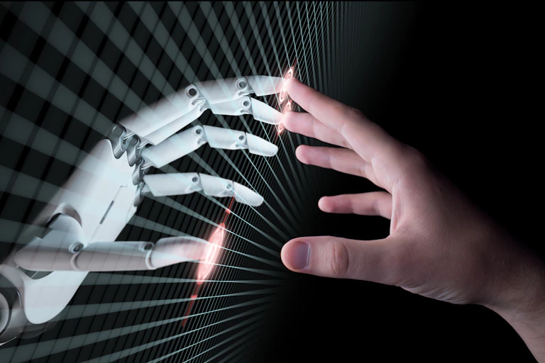 Robot hand touching human hand