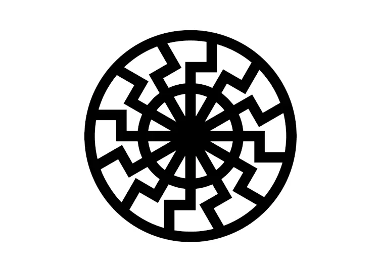 The sonnenrad, a black circle with 12 repeating jagged lines around it like spokes of a wheel.