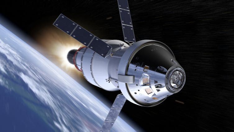 Vue d’artiste du vaisseau spatial Orion, qui pourra accueillir quatre astronautes
