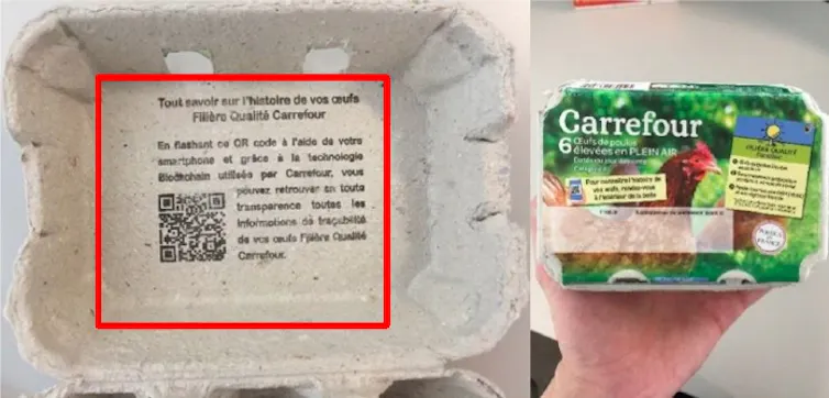 A hand is shown carrying an egg box. Inside, instructions and a QR code invite the reader to investigate the eggs’ supply chain