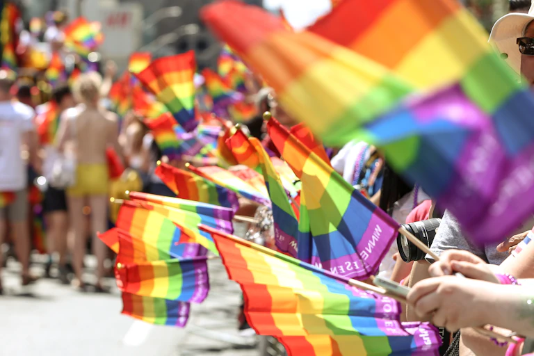 People wave flags from the edge of the parade