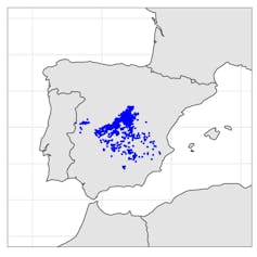 Situación de los 628 pueblos descritos por las _Relaciones Topográficas_ y revisados por el equipo de la Estación Biológica de Doñana – CSIC